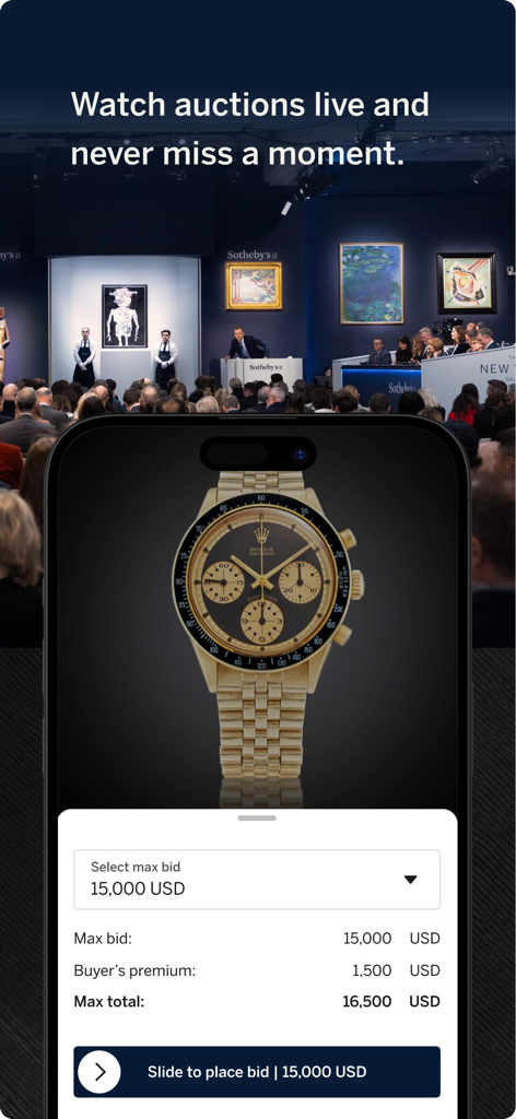 Sotheby's - 실시간 경매 중 럭셔리 골드 워치를 보여주는 소더비 앱 입찰 화면