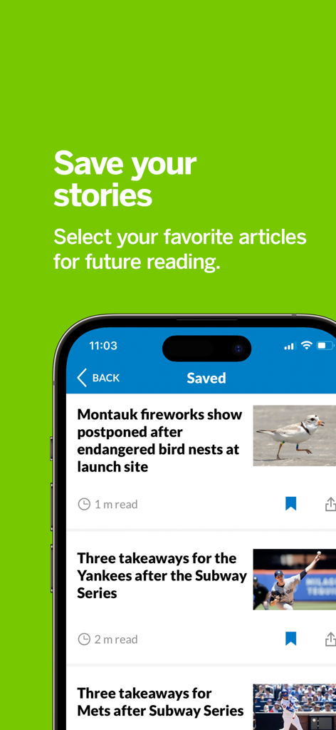 Newsday - Newsday-App-Oberfläche mit einer Liste gespeicherter lokaler Nachrichten- und Sportartikel für das Offline-Lesen.