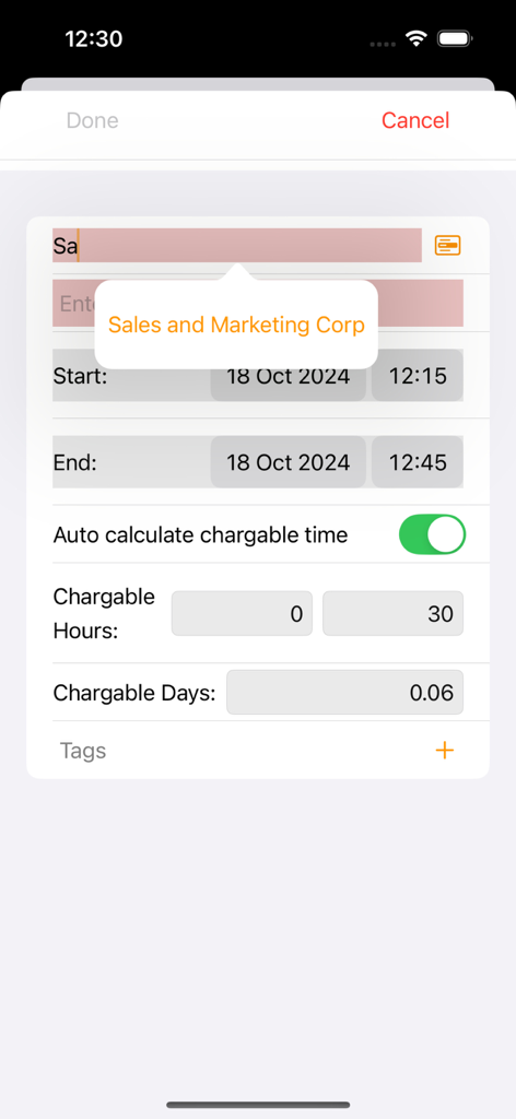Time Logger - Screen showing how to log an event with start and end times and automated chargeable time calculation in the Time Logger app