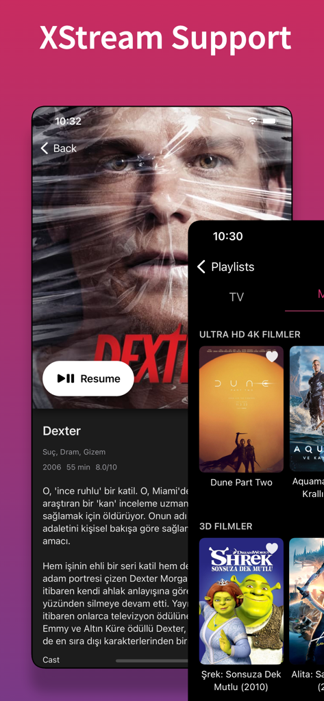 King IPTV Pro - King IPTV Pro app interface showing XStream support and a movie library with 4K content