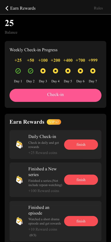 Shortv - Watch Dramas & Shows - Shortv app rewards interface showing daily check-in progress and tasks to earn reward coins for watching drama episodes.