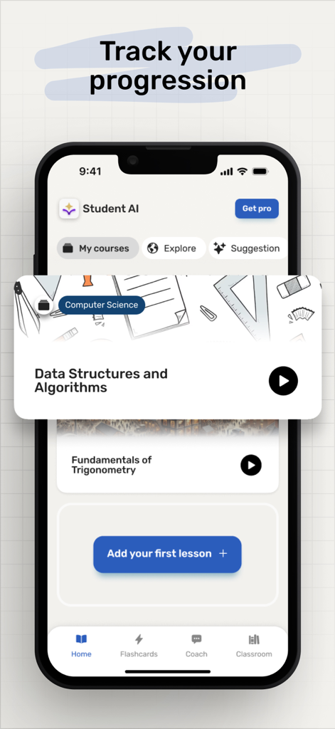 컴퓨터 과학 및 삼각함수 모듈이 있는 과정 대시보드를 표시하는 Student AI 앱의 모바일 인터페이스.