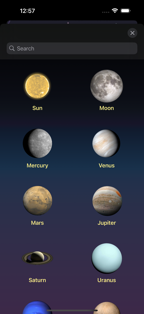 PlanetFinder Pro - A search screen in PlanetFinder Pro featuring icons for the Sun Moon and planets like Mars and Jupiter
