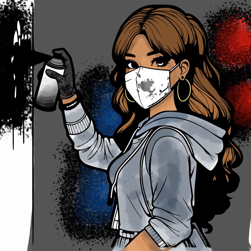 realistic girl with mask spray painting a wall
