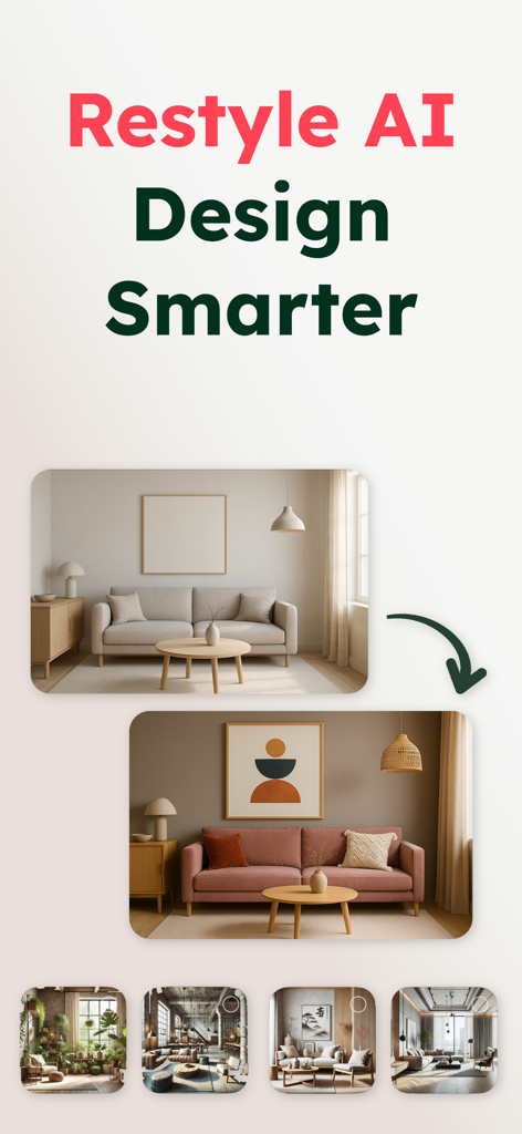 Restyle AI - Home Design - Restyle AI app interface showing a living room interior redesign from a neutral style to a colorful modern design.