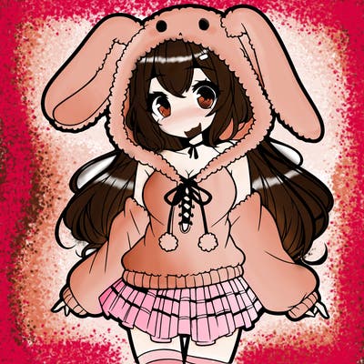 pretty anime girl wearing a fluffy hoodie with bunny ears on the hood and a skirt