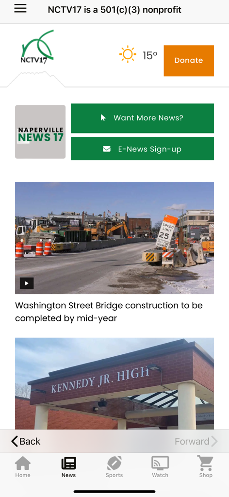 NCTV17 - Écran d'actualités de l'application NCTV17 affichant les titres locaux de Naperville et les histoires de la communauté