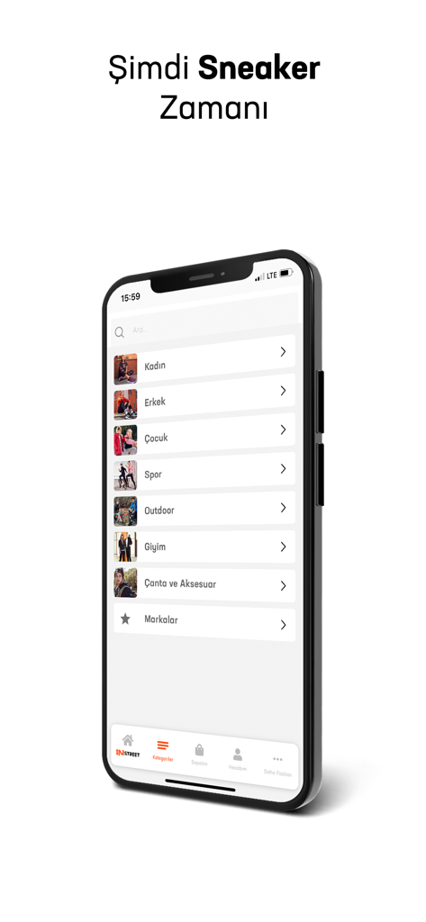 Instreet - Instreetモバイルアプリのカテゴリ画面。男性、女性、子供向けのショッピングオプションを表示。
