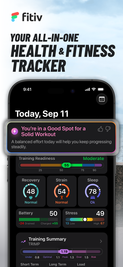 FITIV Pulse AI Workout Tracker - Dashboard dell'app FITIV Pulse che mostra prontezza all'allenamento, recupero, sforzo e metriche del sonno