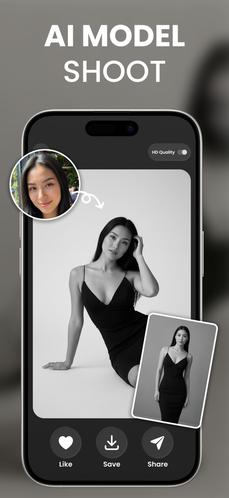 Smartphone screen showing the AI Model Shoot feature of the Raphael AI Image Generator app