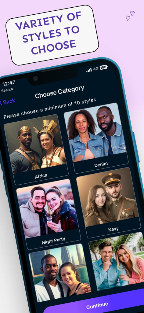 Couple AI - Photographer - Pantalla de aplicación móvil mostrando varias categorías de sesiones de fotos con IA para parejas, incluyendo estilos de África, Denim, Fiesta Nocturna y Azul Marino.