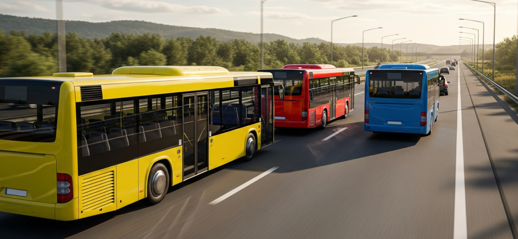 Ultimate Bus Simulatorr - Yellow red and blue buses driving on a highway in a fleet management simulator