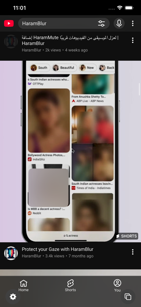 Una pantalla de smartphone que demuestra la aplicación HaramBlur difuminando imágenes de personas para mantener la modestia mientras navega