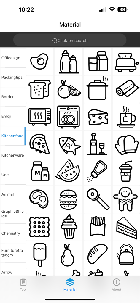 A library of kitchen and food line icons within the iLabel app for creating custom stickers and labels.