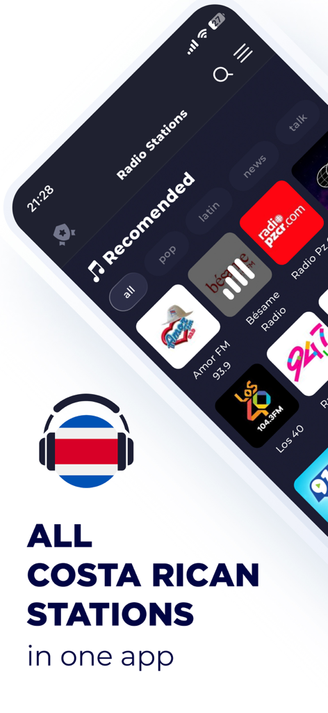 Screenshot of the Radio Costa Rica app displaying recommended live FM and AM stations.