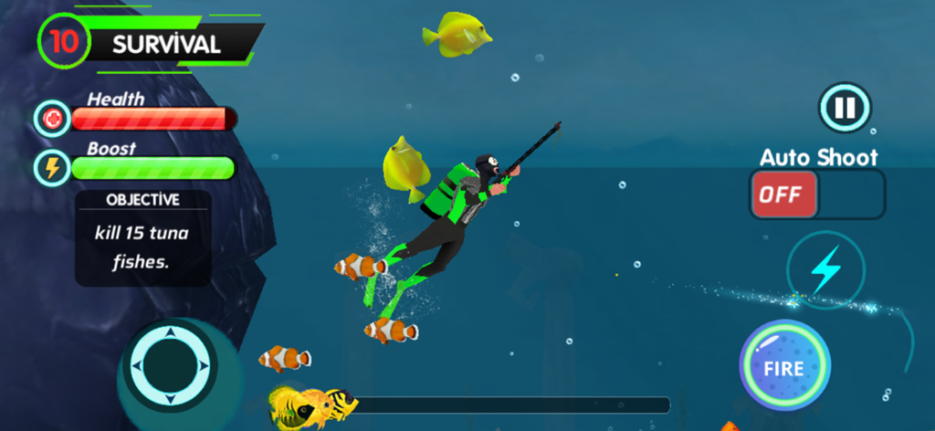 Deep Blue Fish Survival 2025 - Scuba diver with a spear gun hunting fish in an underwater survival game environment