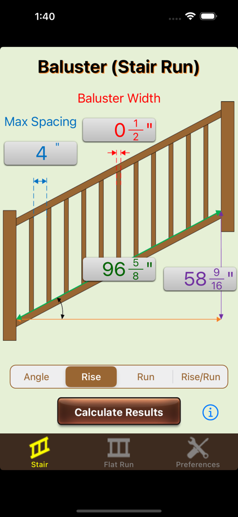 Interface for calculating stair baluster spacing with measurements for rake angle rise and run