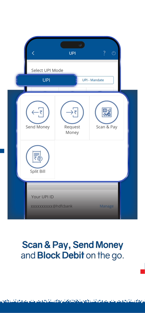 UPI payment menu in HDFC Bank app featuring Send Money and Scan and Pay options