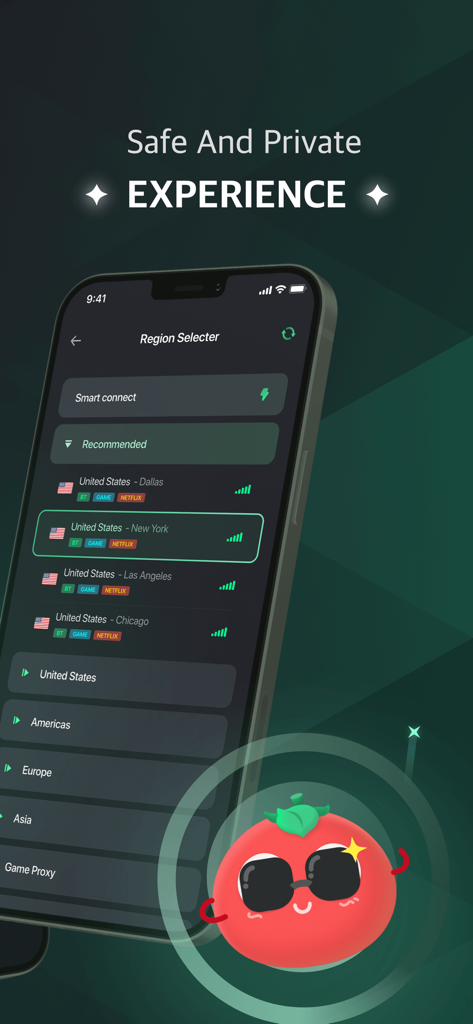 VPN Tomato Pro - Fast & Secure - VPN Tomato Pro app showing a list of secure US server locations and a private connection message.