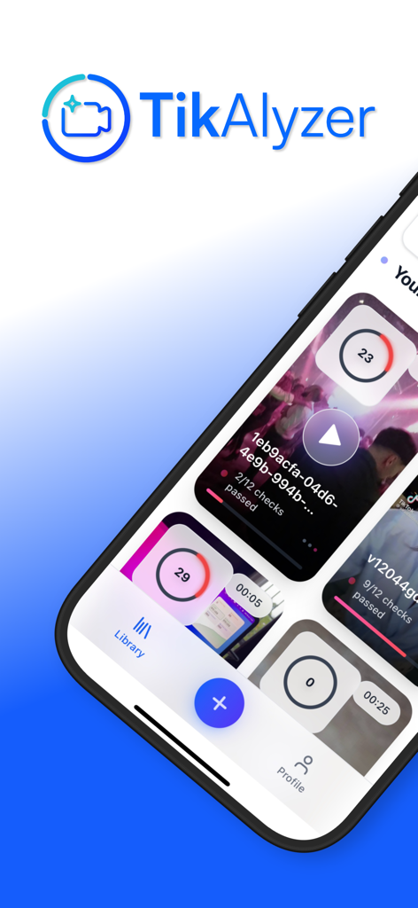 TikAlyzer: Go Viral Faster - Mobile app screen of TikAlyzer showing a library of analyzed videos with performance scores and project thumbnails.