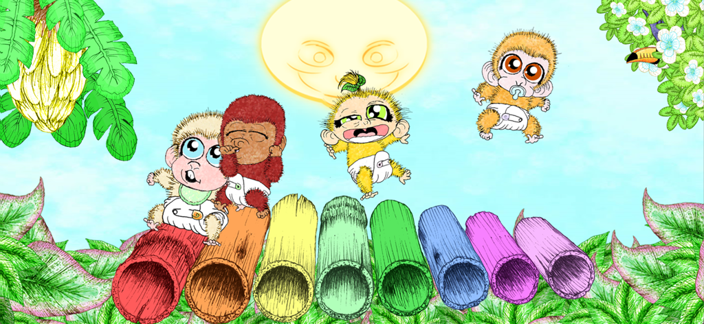 Jungle Jam - Child Friendly - Animated baby monkeys playing on a colorful bamboo xylophone in a jungle setting with a smiling sun