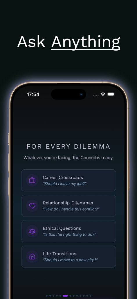 Moot app interface showing categories for AI assisted decision making including career and relationship dilemmas