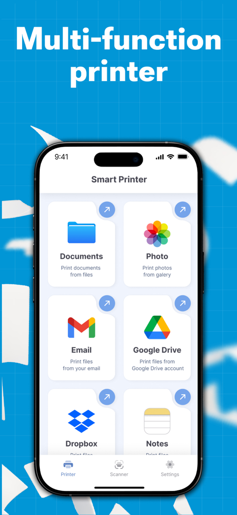 Interface of the Printer Pro app showing options to print documents, photos, emails, and cloud storage files