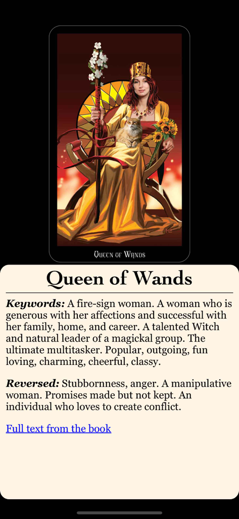 Witches Tarot - Queen of Wands card meaning and illustration in the Witches Tarot app