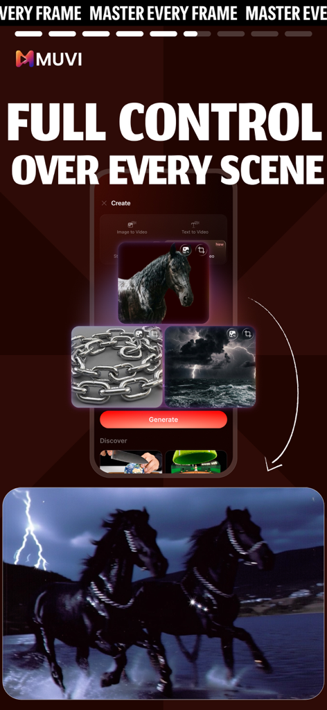 AI Video Maker & Editor - Muwi - Muwi AI video maker app interface displaying full control over scenes with generated footage of black horses running through a storm