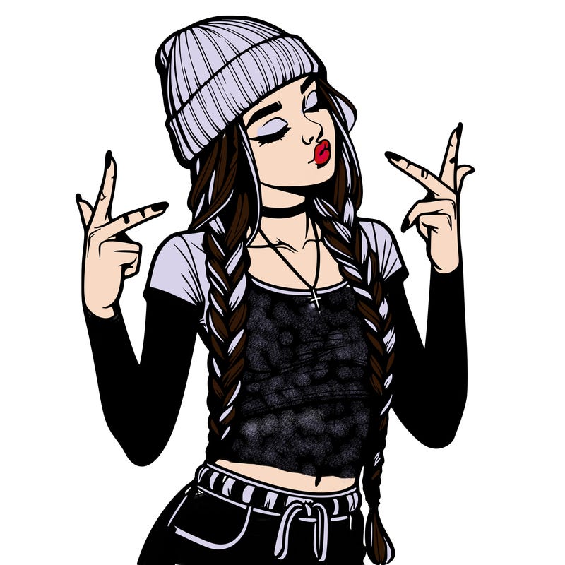 realistic teenage girl with braids and a beanie and crop top doing 🫶🏼