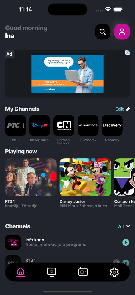Orion TV - Schermata home dell'app Orion TV che mostra i miei canali e i programmi attualmente in onda come RTS 1 e Disney Junior.