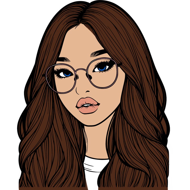 realistic korean girl with long hair, glasses and big lips