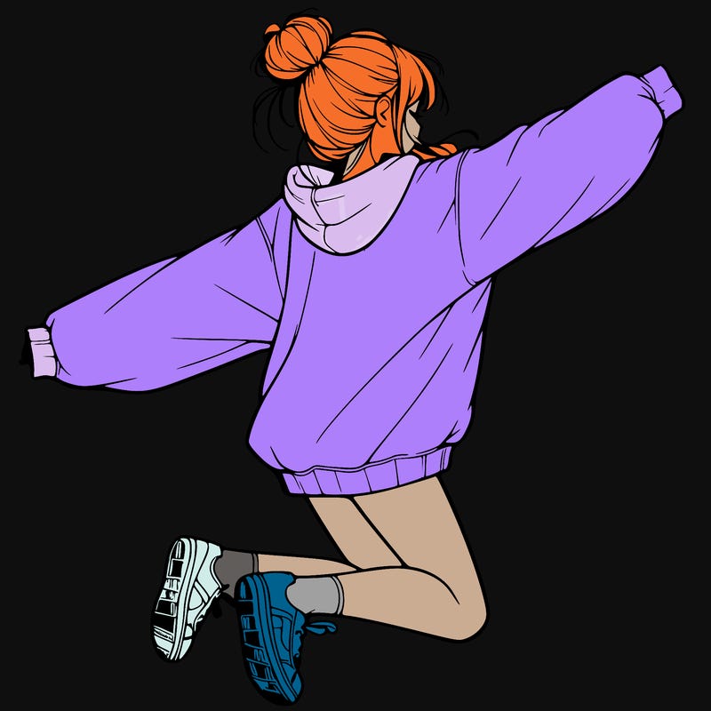realistic girl jumping with a bun and oversized sweatshirt
