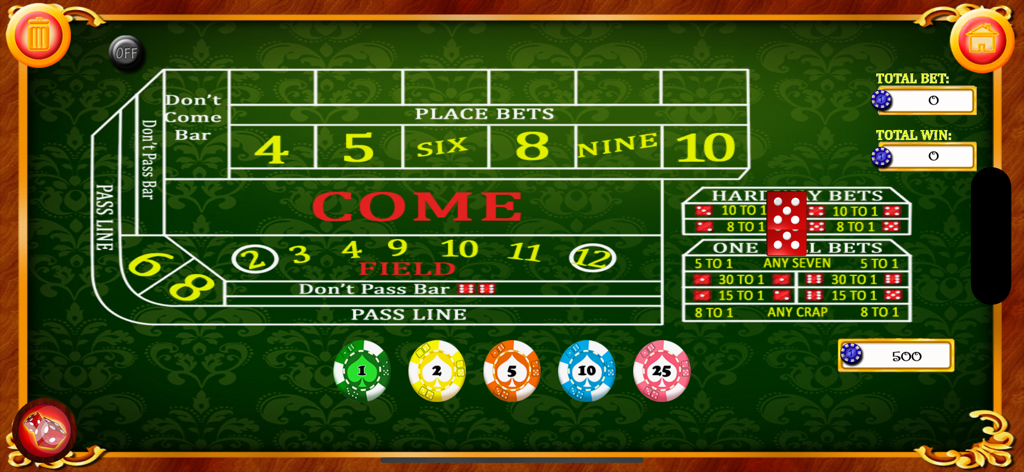 Craps - Casino Betting Game - Tela de jogabilidade de Craps Casino Betting Game mostrando o layout da mesa, fichas de apostas e dados rolados