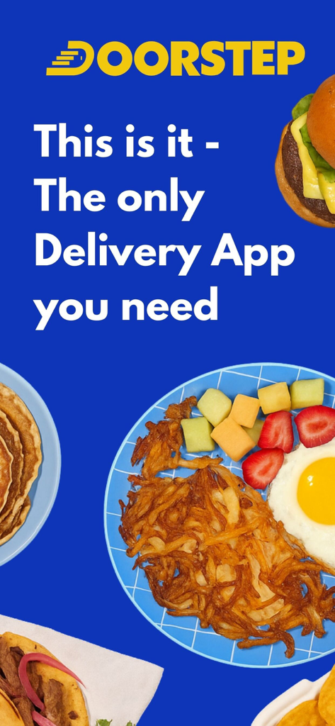 Doorstep JA Food Delivery - Promotional screen for Doorstep JA food delivery app featuring various food dishes and the slogan This is it - The only Delivery App you need