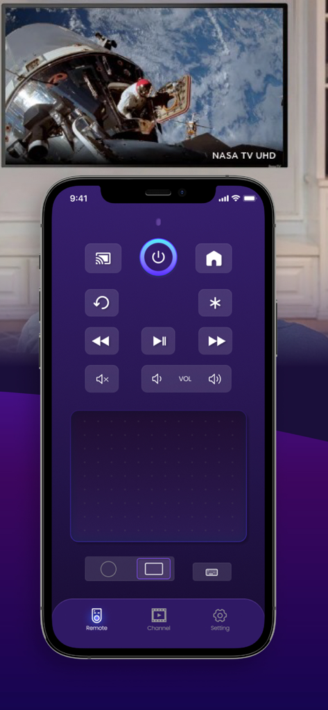 Remote for Roku TV & Channel - Un smartphone que muestra la interfaz de la aplicación de control remoto de Roku TV con botones de encendido, volumen y reproducción sobre un fondo morado oscuro.