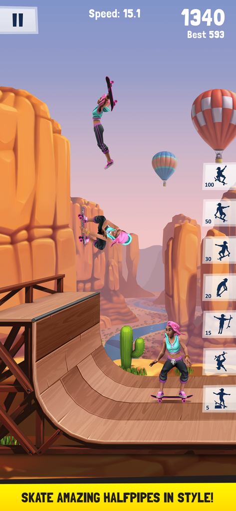 A character performing aerial skateboard tricks on a wooden halfpipe in a canyon landscape