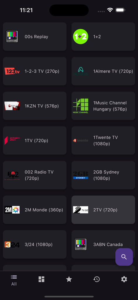 Fred TV app interface displaying a grid of available IPTV channels with resolution labels.