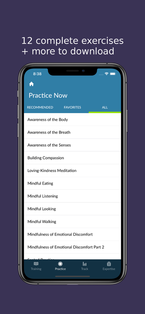 Pantalla de la aplicación Mindfulness Coach que muestra una lista de ejercicios de meditación