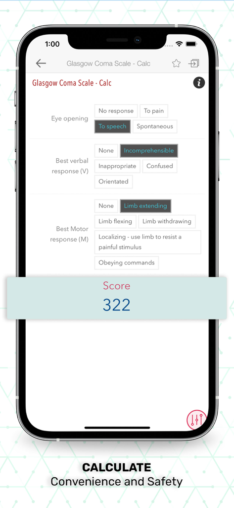 Interface da calculadora da Escala de Coma de Glasgow no aplicativo médico Essentials Clinical Medicine