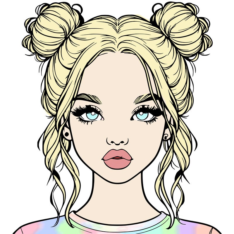 realistic girl with two buns in hair and lips