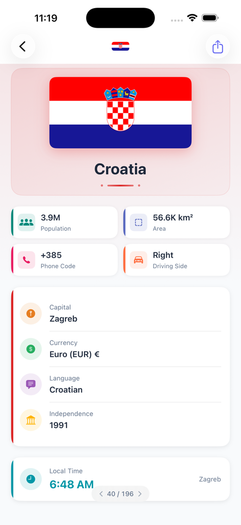Geography Games. - Geography Games app screen showing a detailed country profile for Croatia including flag, population, and capital.