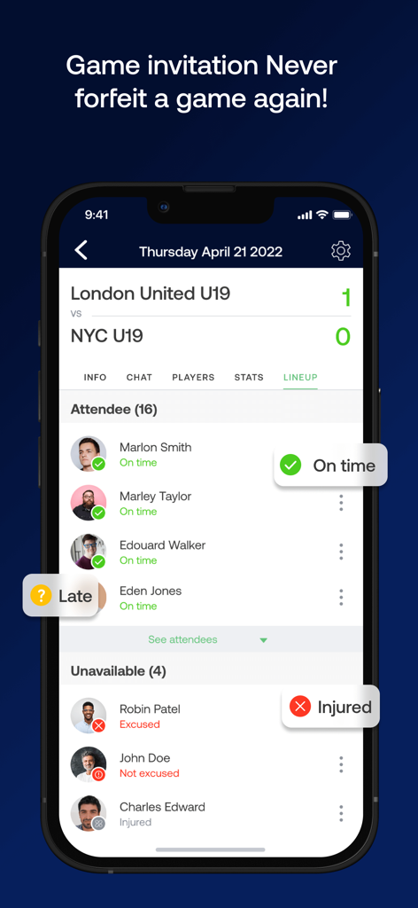 Schermata dell'app SportEasy che mostra lo stato di presenza e disponibilità dei giocatori per una partita di calcio.