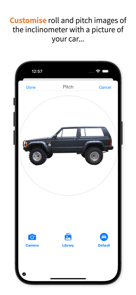 3pLevel - Inclinometer - Una interfaz de aplicación móvil que muestra un vehículo negro todoterreno que se utiliza como imagen de cabeceo personalizada para un inclinómetro