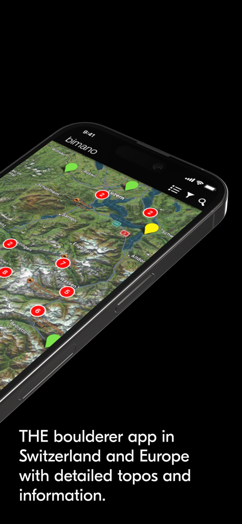 Bimano Boulder - Bimano Boulder app map showing climbing locations in Switzerland with colored pins