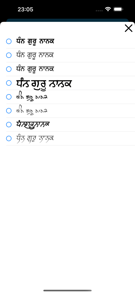 Sundar Gutka Sahib - Interface for selecting Gurmukhi font styles in the Sundar Gutka Sahib app.
