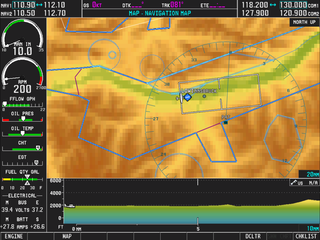 A screenshot of the Simionic G1000 MFD featuring a moving navigation map and detailed engine performance instruments