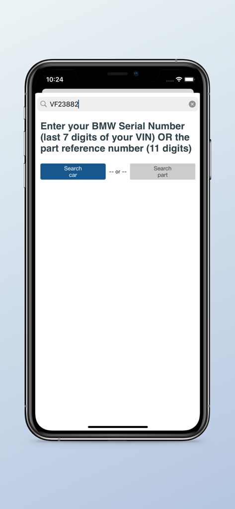 BimmerRefs app search interface to enter a BMW VIN or part number