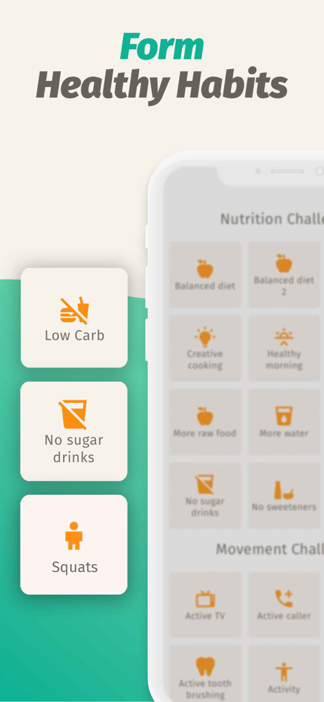 BodyFast app screen displaying nutrition and movement challenges for building healthy habits
