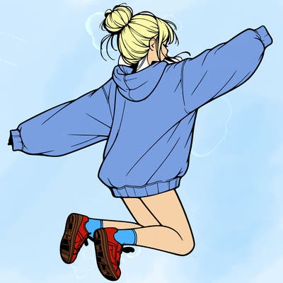 realistic girl jumping with a bun and oversized sweatshirt